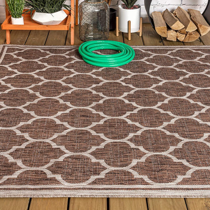 Eyely BMS109B-4 Santa Monica Trebol Moroccan Trellis Textured Weave Indoor/Outdoor Area Rug Coastal;Bohemian, Bedroom, Backyard, Patio, Easy-Cleaning, Non-Shedding, 4 X 6, Espresso/Taupe