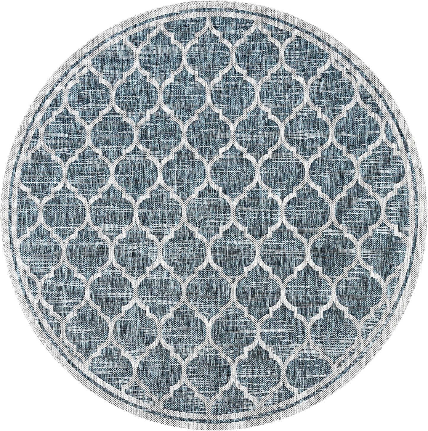 Eyely BMS109E-5R Santa Monica Trebol Moroccan Trellis Textured Weave Indoor/Outdoor Area Rug Coastal;Bohemian, Bedroom, Backyard, Patio, Easy-Cleaning, Non-Shedding, 5' Round, Teal/Gray