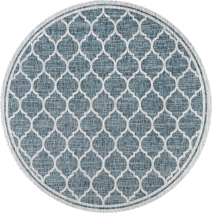 Eyely BMS109E-5R Santa Monica Trebol Moroccan Trellis Textured Weave Indoor/Outdoor Area Rug Coastal;Bohemian, Bedroom, Backyard, Patio, Easy-Cleaning, Non-Shedding, 5' Round, Teal/Gray