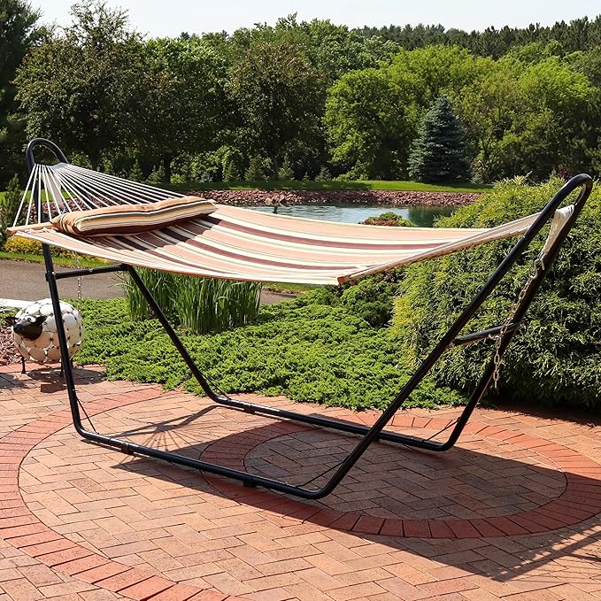 Sunnydaze Double Quilted Fabric Hammock with Universal Steel Stand - 450-Pound Capacity - Black Stand - Sandy Beach