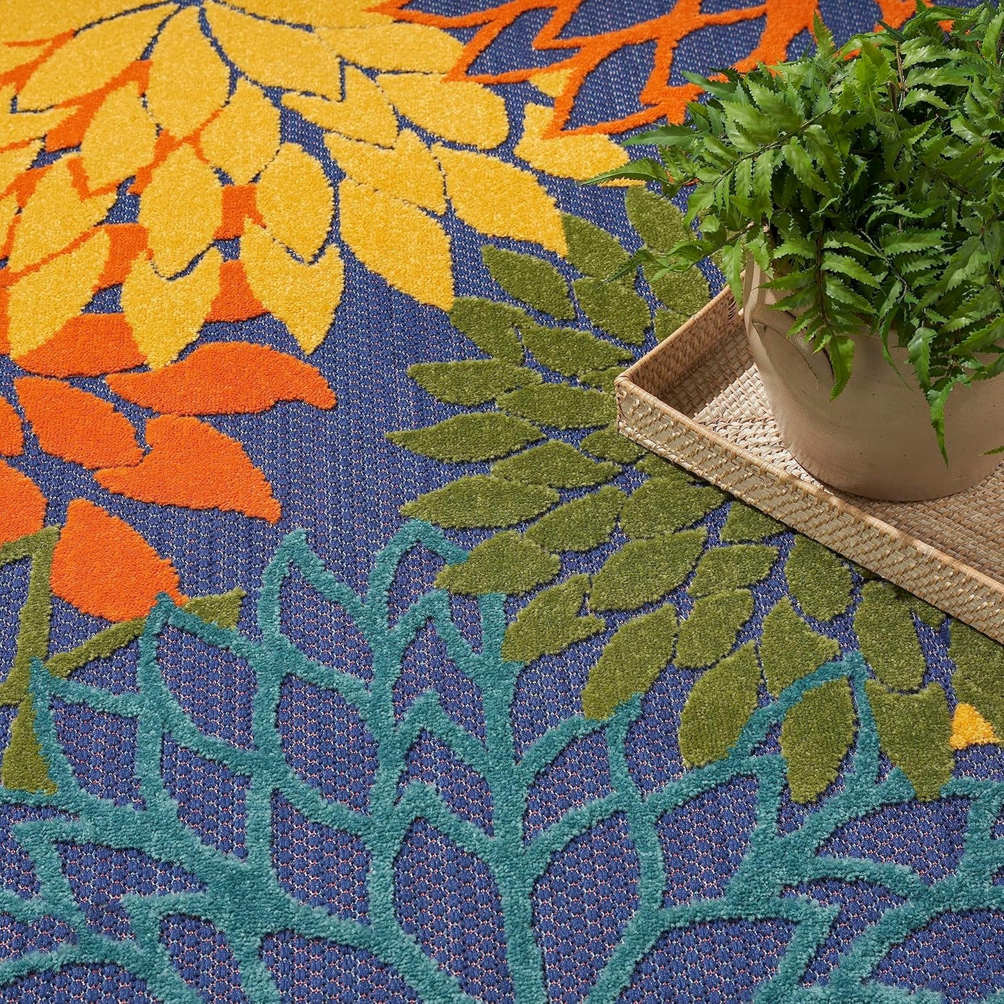 Nourison Home Aloha Indoor-Outdoor Navy Multicolor 5'3" x 7'5" Area Rug, Easy Cleaning, Non Shedding, Bed Room, Living Room, Dining Room, Backyard, Deck, Patio (5x7)