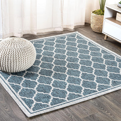 Eyely BMS109E-4SQ Santa Monica Trebol Moroccan Trellis Textured Weave, Pet Friendly, Non-Shedding, Stain Resistant, Easy-Cleaning, Teal/Gray, 4' Square, Indoor/Outdoor, Area Rug