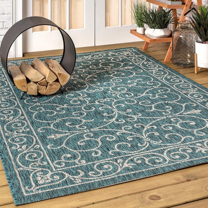 JONATHAN Y SMB106F-9 Charleston Vintage Filigree Textured Weave Indoor Outdoor Area Rug Classic Coastal Easy Cleaning Bedroom Kitchen Backyard Patio Non Shedding, 9 X 12, Teal/Gray