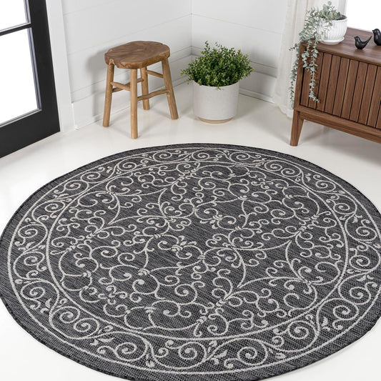 JONATHAN Y SMB106G-8R Charleston Vintage Filigree Textured Weave Black/Gray 8' Round Indoor/Outdoor Area Rug, Pet Friendly, Non-Shedding, Stain Resistant, Easy-Cleaning for Backyard, Patio, Porch