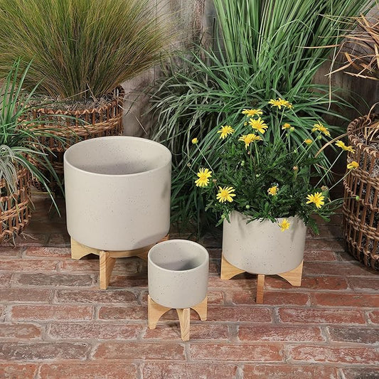Sagebrook Home Ceramic Planter with Wooden Stand - Modern Stoneware Pot for Indoor & Outdoor Plants - Decorative Round Flower Pot for Home & Garden - 7" Ivory