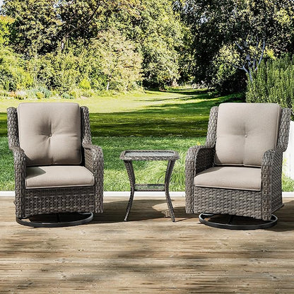 Joyside Outdoor Swivel Rocker Patio Chairs Set of 2 and Matching Side Table - 3 Piece Wicker Patio Bistro Set with Premium Fabric Cushions(Mixed Grey/Beige)