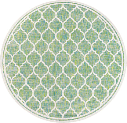 Eyely BMS109I-5R Santa Monica Trebol Moroccan Trellis Textured Weave Indoor/Outdoor Area Rug Coastal;Bohemian, Bedroom, Backyard, Patio, Easy-Cleaning, Non-Shedding, 5' Round, Cream/Green