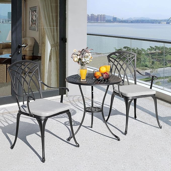 NUU GARDEN Bistro Set 3 Piece Outdoor Cast Aluminum Patio Bistro Set Patio Table and Chairs Set of 2 with Umbrella Hole and Gray Cushions, Black