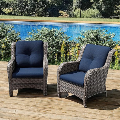 Joyside Outdoor Wicker Chair Rattan Patio Dining Chairs Set of 2 PE Wicker Patio Chairs with 4inch Seat Cushions Outdoor Patio Seating Chair for Garden, Backyard Deck(Mixed Grey/Blue)