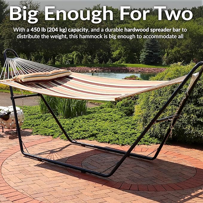 Sunnydaze Double Quilted Fabric Hammock with Universal Steel Stand - 450-Pound Capacity - Black Stand - Sandy Beach