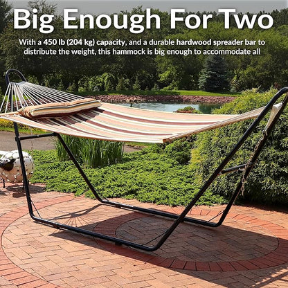 Sunnydaze Double Quilted Fabric Hammock with Universal Steel Stand - 450-Pound Capacity - Black Stand - Sandy Beach