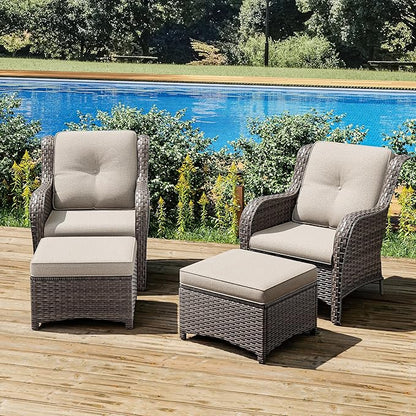 Joyside 4 Pieces Outdoor Patio Furniture Set Wicker Conversation Bistro Set 2 PE Wicker Patio with 2pcs Ottomans for Backyard, Porch, Balcony(Mixed Grey/Beige)