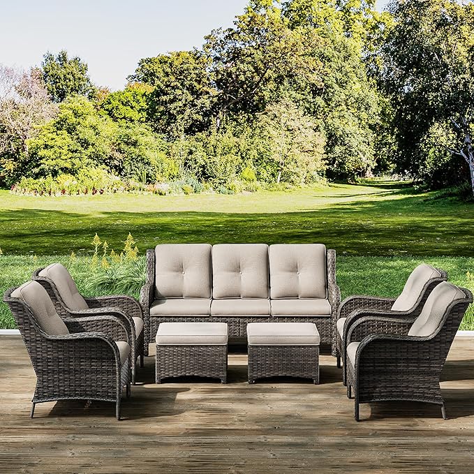 Joyside Wicker Patio Furniture Sets 7 Piece Set with One 3-Seat Sofa, Four Armchairs, Two Ottomans, Wicker Outdoor Furniture Sectional Conversation Set(Mixed Grey/Beige)