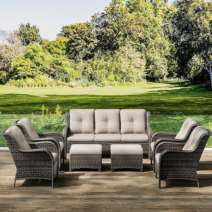 Joyside Wicker Patio Furniture Sets 7 Piece Set with One 3-Seat Sofa, Four Armchairs, Two Ottomans, Wicker Outdoor Furniture Sectional Conversation Set(Mixed Grey/Beige)