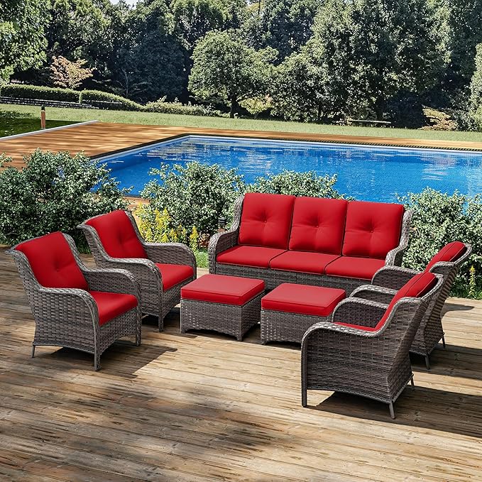 Joyside Wicker Patio Furniture Sets 7 Piece Set with One 3-Seat Sofa, Four Armchairs, Two Ottomans, Wicker Outdoor Furniture Sectional Conversation Set(Mixed Grey/Red)
