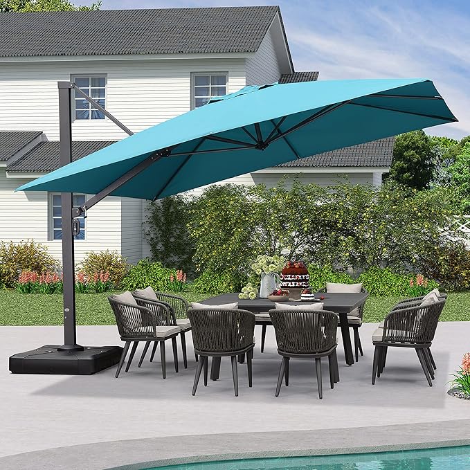 PURPLE LEAF 12 FT Square Patio Umbrella Large Outdoor Aluminum Offset Umbrella with 360-degree Rotation Cantilever Umbrella for Garden Deck Backyard Pool, Turquiose Blue