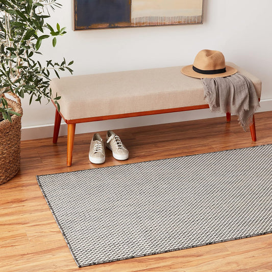 Nourison Courtyard Indoor/Outdoor Ivory Charcoal 3' x 5' Area Rug, Geometric, Easy Cleaning, Non Shedding, Bed Room, Living Room, Dining Room, Deck, Patio, Backyard (3x5)