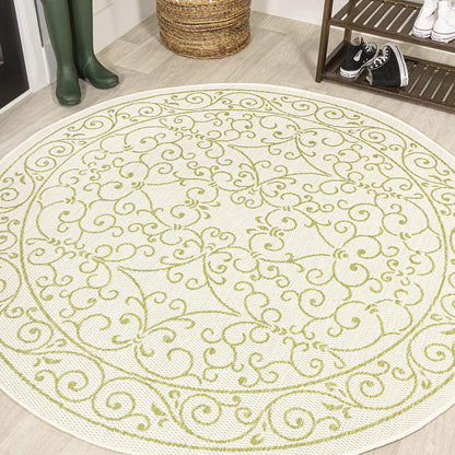 JONATHAN Y SMB106I-5R Charleston Vintage Filigree Textured Weave Indoor Outdoor Area Rug, Bohemian Coastal Traditional Easy Cleaning,Bedroom,Kitchen,Backyard,Patio,Non Shedding, 5' Round, Cream/Green