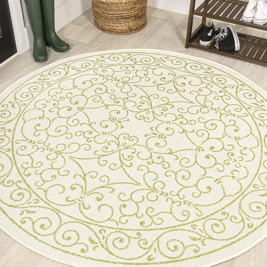 JONATHAN Y SMB106I-5R Charleston Vintage Filigree Textured Weave Indoor Outdoor Area Rug, Bohemian Coastal Traditional Easy Cleaning,Bedroom,Kitchen,Backyard,Patio,Non Shedding, 5' Round, Cream/Green