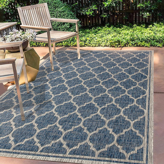 Eyely BMS109D-5 Santa Monica Trebol Moroccan Trellis Textured Weave Indoor/Outdoor Area Rug Coastal;Bohemian, Bedroom, Backyard, Patio, Easy-Cleaning, Non-Shedding, 5 X 8, Navy/Gray