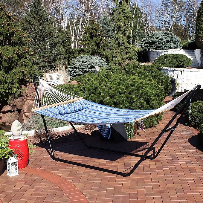 Sunnydaze Double Quilted Fabric Hammock with Universal Steel Stand - 450-Pound Capacity - Black Stand - Catalina Beach