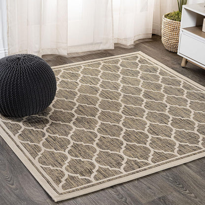Eyely BMS109A-3SQ Santa Monica Trebol Moroccan Trellis Textured Weave, Pet Friendly, Non-Shedding, Stain Resistant, Easy-Cleaning, Brown/Beige, 3' Square, Indoor/Outdoor, Area Rug