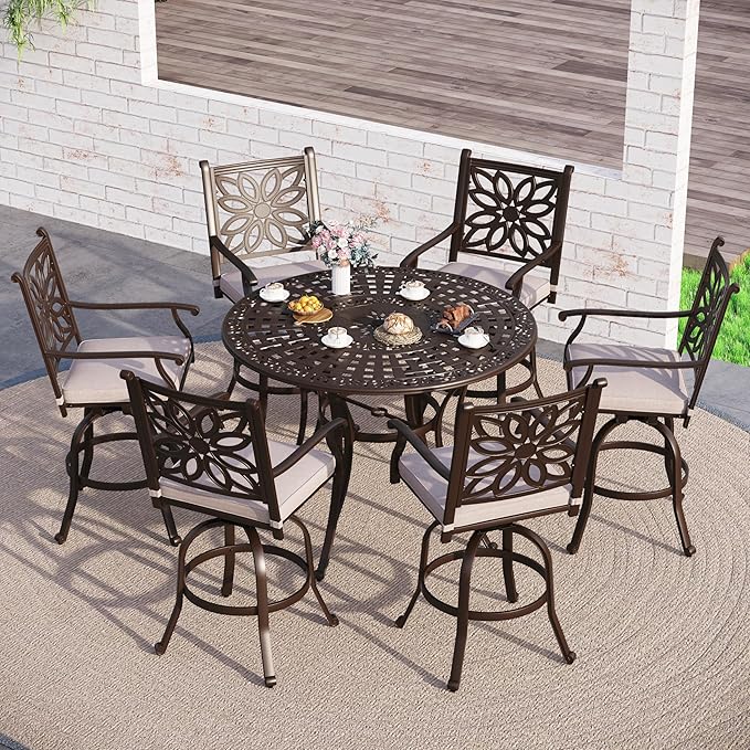 Sophia & William 7 Pieces Cast Aluminium Patio Bar Set for 6, Round Outdoor Bar Height Table and Swivel Bar Stools, Patio High Top Pub Set with Bar Counter Height Chairs and 2.2" Umbrella Hole