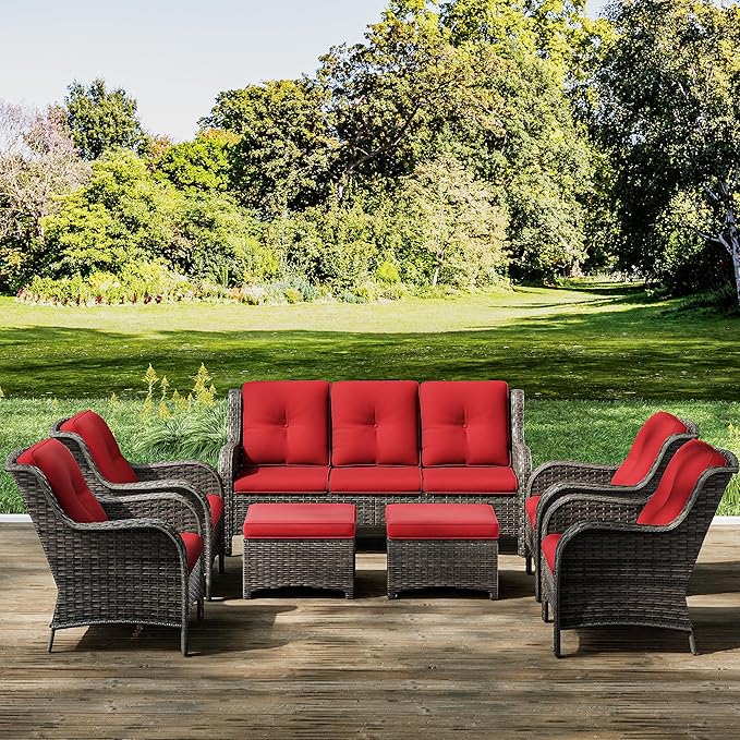 Joyside Wicker Patio Furniture Sets 7 Piece Set with One 3-Seat Sofa, Four Armchairs, Two Ottomans, Wicker Outdoor Furniture Sectional Conversation Set(Mixed Grey/Red)