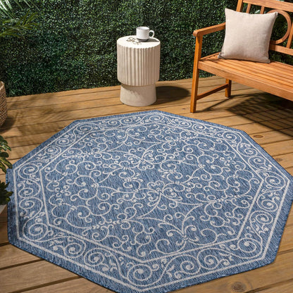 JONATHAN Y SMB106D-8TGN Charleston Vintage Filigree Textured Weave Navy/Gray 8' Octagon Indoor/Outdoor Area Rug, Non-Shedding, Stain Resistant,Fade Resistant, Easy-Cleaning for Backyard Patio, Porch