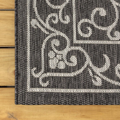 JONATHAN Y SMB106G-210 Charleston Vintage Filigree Textured Weave Indoor Outdoor Runner Rug Classic Coastal Easy Cleaning Bedroom Kitchen Backyard Patio Non Shedding, 2 X 10, Black/Gray