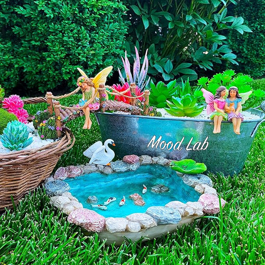 Mood Lab Fairy Garden Fish Pond Kit - Miniature Bridge Set of 6 pcs Fairy Garden Figurines & Accessories - Outdoor or House Decor