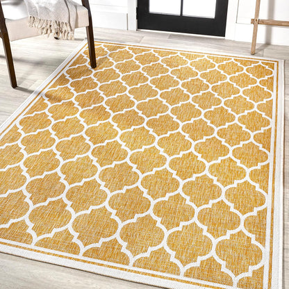Eyely BMS109F-3 Santa Monica Trebol Moroccan Trellis Textured Weave Indoor/Outdoor Area Rug Coastal;Bohemian, Bedroom, Backyard, Patio, Easy-Cleaning, Non-Shedding, 3 X 5, Yellow/Cream