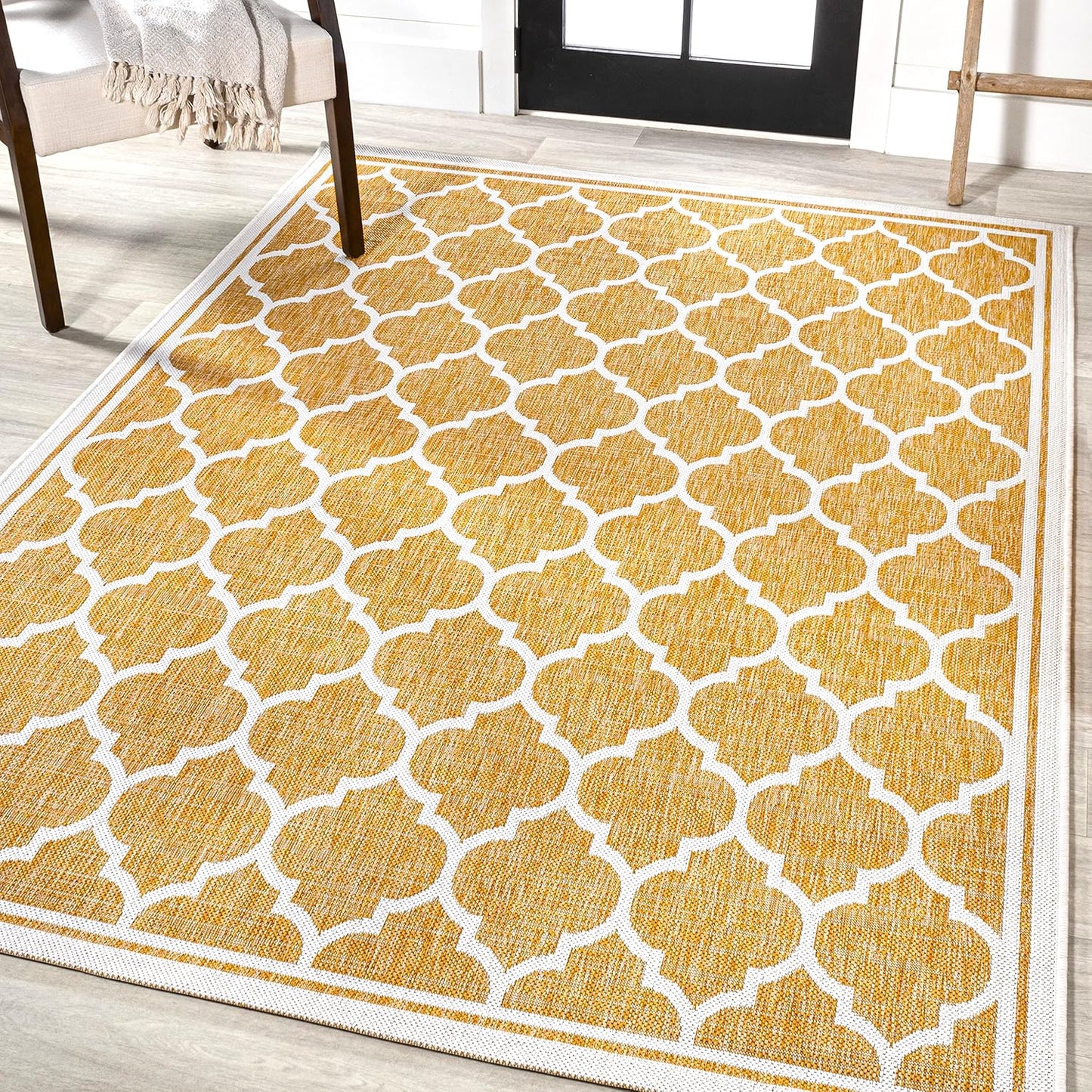 Eyely BMS109F-8 Santa Monica Trebol Moroccan Trellis Textured Weave Indoor/Outdoor Area Rug Coastal;Bohemian, Bedroom, Backyard, Patio, Easy-Cleaning, Non-Shedding, 8 X 10, Yellow/Cream