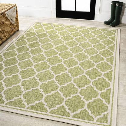 Eyely BMS109G-8 Santa Monica Trebol Moroccan Trellis Textured Weave Indoor/Outdoor Area Rug Coastal;Bohemian, Bedroom, Backyard, Patio, Easy-Cleaning, Non-Shedding, 8 X 10, Green/Cream