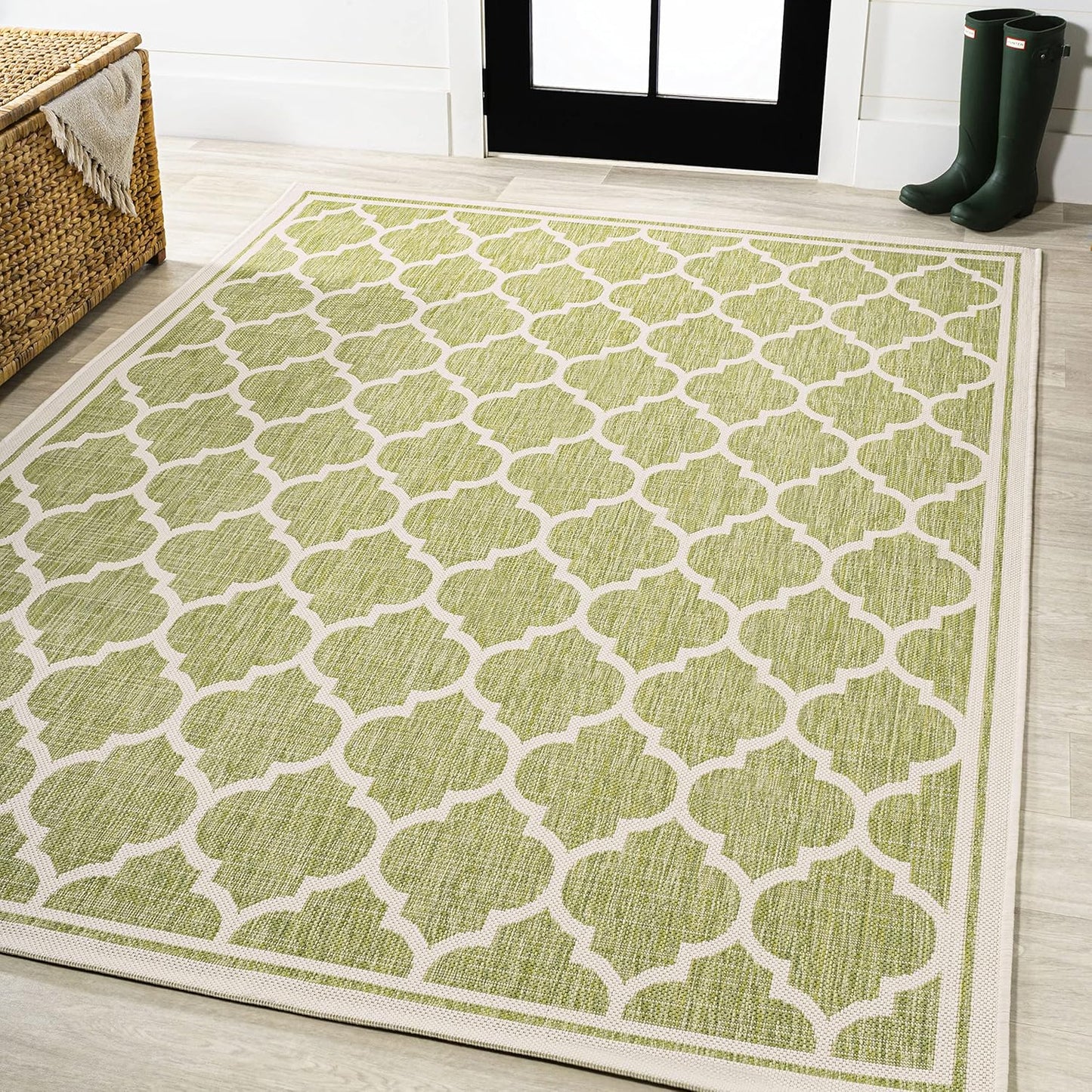 Eyely BMS109G-3 Santa Monica Trebol Moroccan Trellis Textured Weave Indoor/Outdoor Area Rug Coastal;Bohemian, Bedroom, Backyard, Patio, Easy-Cleaning, Non-Shedding, 3 X 5, Green/Cream