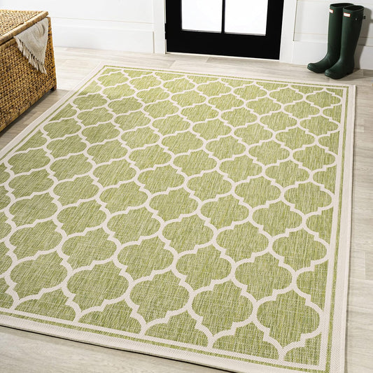 Eyely BMS109G-3 Santa Monica Trebol Moroccan Trellis Textured Weave Indoor/Outdoor Area Rug Coastal;Bohemian, Bedroom, Backyard, Patio, Easy-Cleaning, Non-Shedding, 3 X 5, Green/Cream