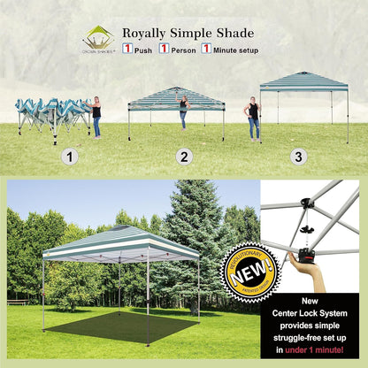 CROWN SHADES 10x10 Pop Up Canopy - Beach Tent with One Push Setup - Easy Outdoor Sun Shade for Events, Parties, Camping - Gazebo with STO-N-Go Cover Bag, Silver Coated Top, Cyan Blue Stripes