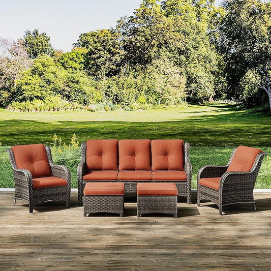 Joyside Patio Furniture Set 5-Piece Wicker Outdoor Furniture Conversational Set with 3-Seat Sofa, 2 Armchairs, 2 Ottoman Patio Rattan Wicker Sectional Sofa Set with Olefin Cushions(Mixed Grey/Orange)