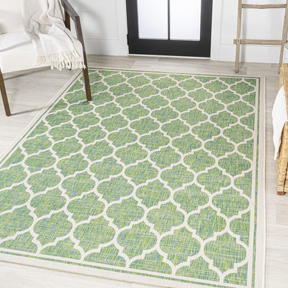 Eyely BMS109I-9 Santa Monica Trebol Moroccan Trellis Textured Weave Indoor/Outdoor Area Rug Coastal;Bohemian, Bedroom, Backyard, Patio, Easy-Cleaning, Non-Shedding, 9 X 12, Cream/Green