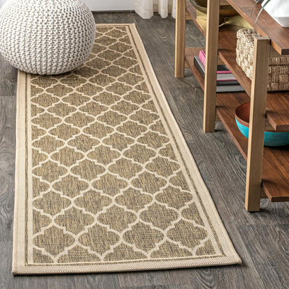 Eyely BMS109A-210 Santa Monica Trebol Moroccan Trellis Textured Weave Indoor/Outdoor Runner Rug Coastal;Bohemian, Bedroom, Backyard, Patio, Easy-Cleaning, Non-Shedding, 2 X 10, Brown/Beige