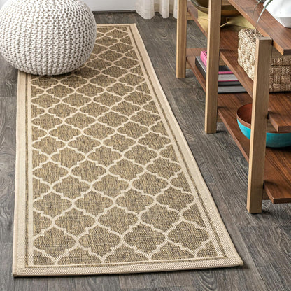 Eyely BMS109A-214 Santa Monica Trebol Moroccan Trellis Textured Weave, Pet Friendly, Non-Shedding, Stain Resistant, Easy-Cleaning, Brown/Beige, 2 ft. x 14 ft., Indoor/Outdoor, Runner Rug