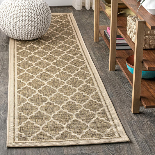 Eyely BMS109A-220 Santa Monica Trebol Moroccan Trellis Textured Weave, Pet Friendly, Non-Shedding, Stain Resistant, Easy-Cleaning, Brown/Beige, 2 ft. x 20 ft., Indoor/Outdoor, Runner Rug