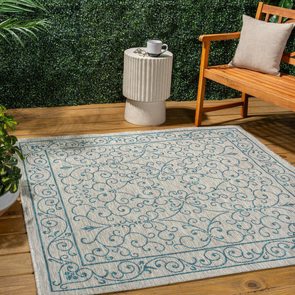 JONATHAN Y SMB106E-6SQ Charleston Vintage Filigree Textured Weave Gray/Teal 6' Square Indoor/Outdoor Area Rug, Pet Friendly, Non-Shedding, Stain Resistant, Easy-Cleaning for Backyard, Patio, Porch