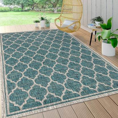 Eyely BMS109E-4 Santa Monica Trebol Moroccan Trellis Textured Weave Indoor/Outdoor Area Rug Coastal;Bohemian, Bedroom, Backyard, Patio, Easy-Cleaning, Non-Shedding, 4 X 6, Teal/Gray