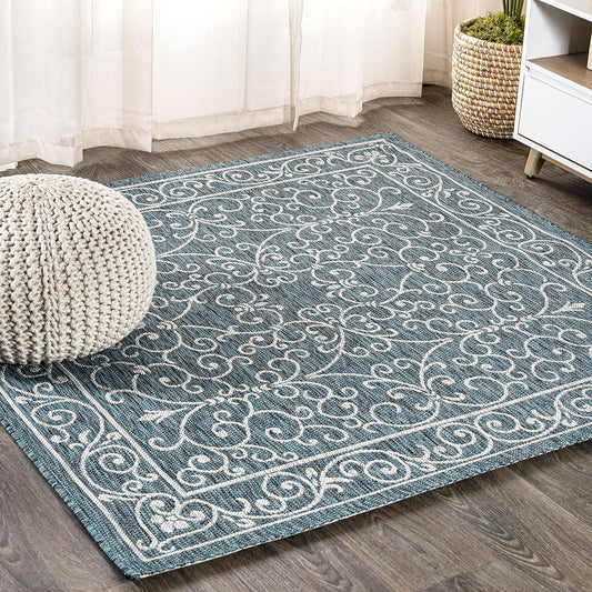JONATHAN Y SMB106F-6SQ Charleston Vintage Filigree Textured Weave Teal/Gray 6' Square Indoor/Outdoor Area Rug, Pet Friendly, Non-Shedding, Stain Resistant, Easy-Cleaning for Backyard, Patio, Porch