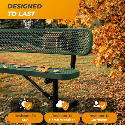Heavy-Duty Outdoor Metal Bench, Thermoplastic-Coated, Portable, Weatherproof, Commercial-Grade for Parks, Gardens, Patios, Stores & More (8 Ft - Portable with Back, Green)