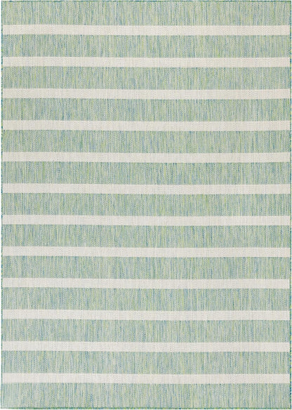 Nourison Home Positano 9' x 12' Indoor/Outdoor Blue Green Ivory Area Rug, Easy Cleaning, Non Shedding, Coastal Style, Striped, Rectangular