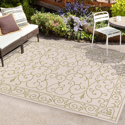 JONATHAN Y SMB106I-8 Charleston Vintage Filigree Textured Weave Indoor Outdoor Area Rug, Bohemian Coastal Traditional Easy Cleaning,Bedroom,Kitchen,Backyard,Patio,Non Shedding, 8 X 10, Cream/Green