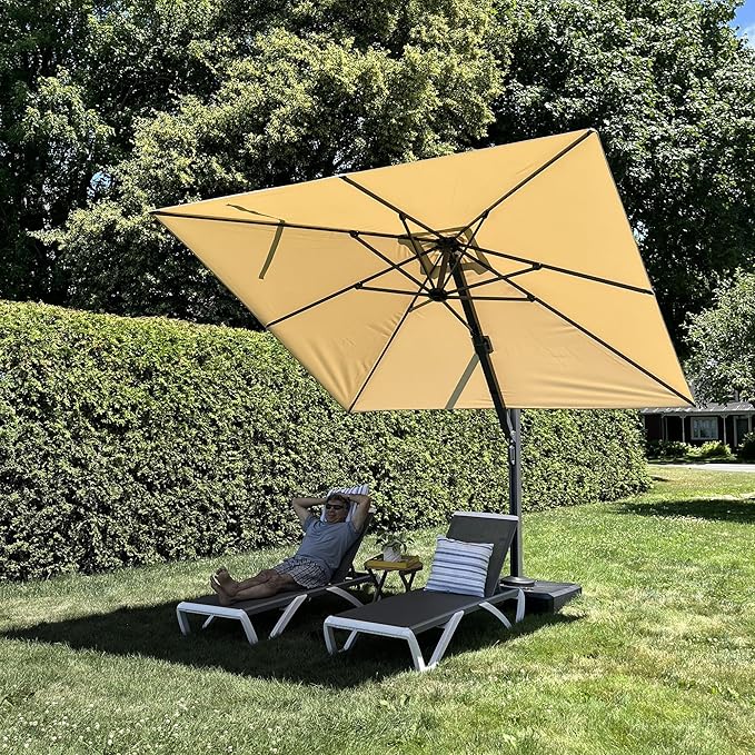 PURPLE LEAF 12 FT Square Patio Umbrella with Base Large Offset Hanging Outdoor Cantilever Umbrella Included Base for Garden Deck Backyard Pool Beige