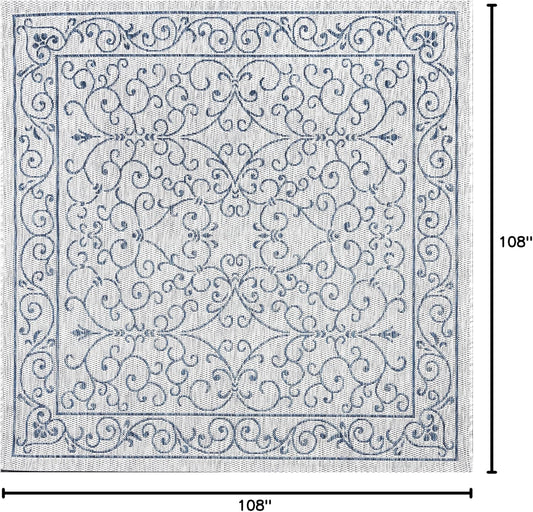 JONATHAN Y SMB106C-9SQ Charleston Vintage Filigree Textured Weave Gray/Navy 9' Square Indoor/Outdoor Area Rug, Pet Friendly, Non-Shedding, Stain Resistant, Easy-Cleaning for Backyard, Patio, Porch